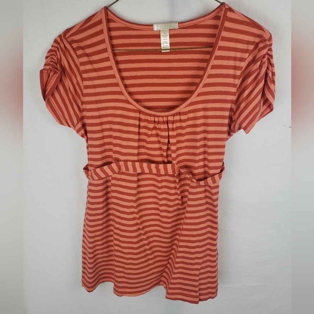 Vixen Orange Striped Cotton Short Sleeve Tie Back Shirt Sz L